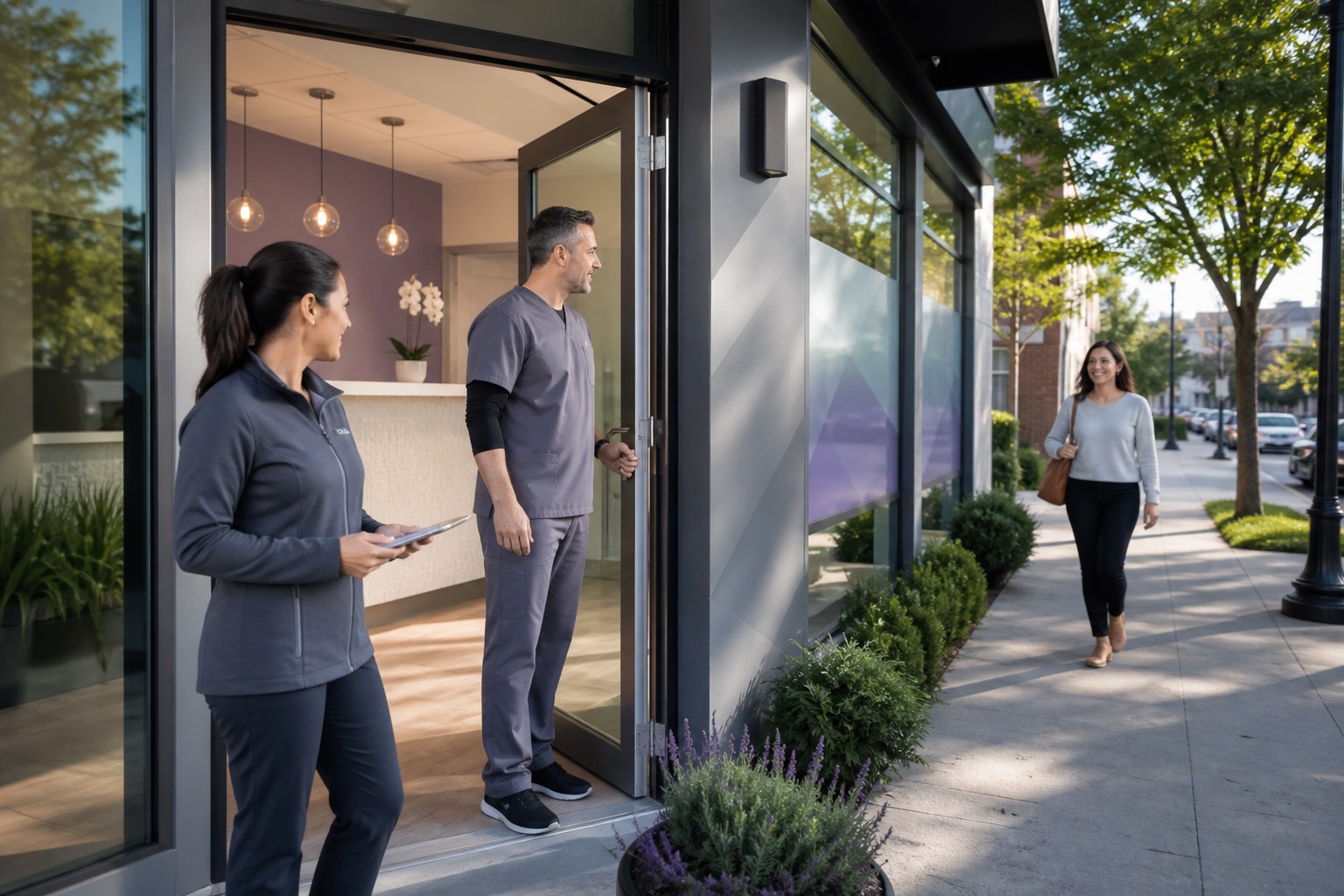 A dental practice team preparing the entrance as a patient approaches from the neighborhood sidewalk