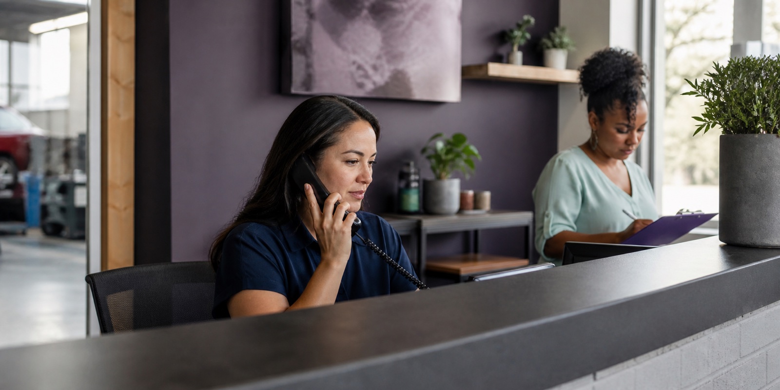 A customer-service manager handling a phone inquiry while a teammate reviews appointment notes