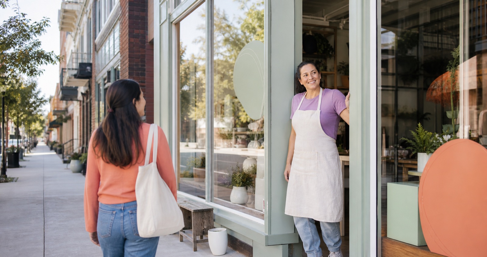 A local storefront owner welcoming a customer