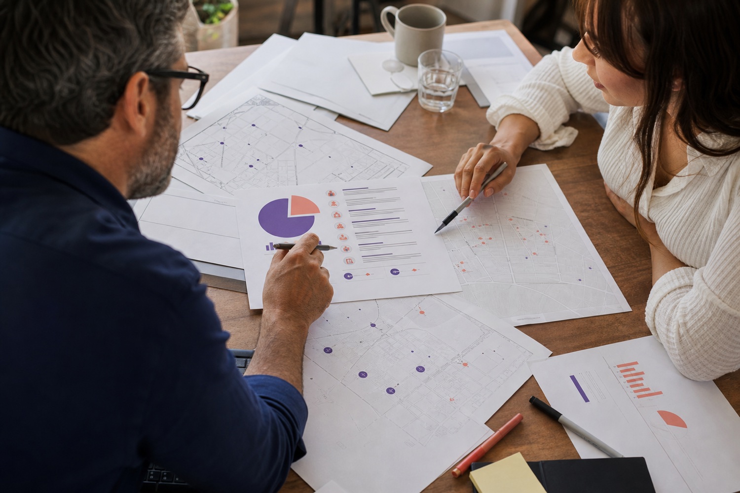 A business adviser and owner reviewing an online-presence assessment together